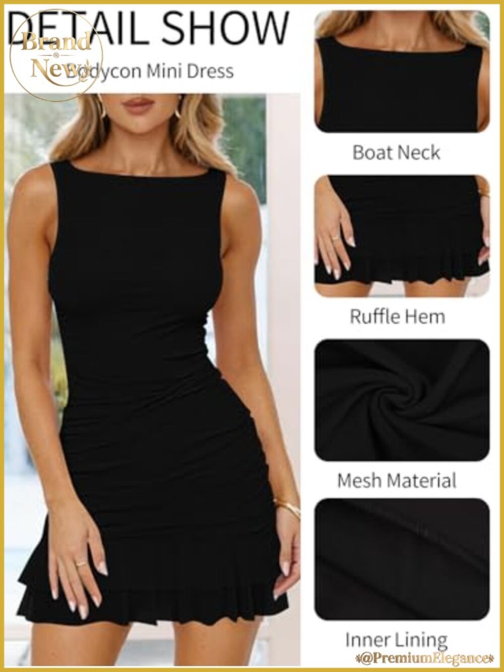 Boat Neck Mesh Ruched Ruffle Bodycon Mini Club Dress - Picture 3 of 6
